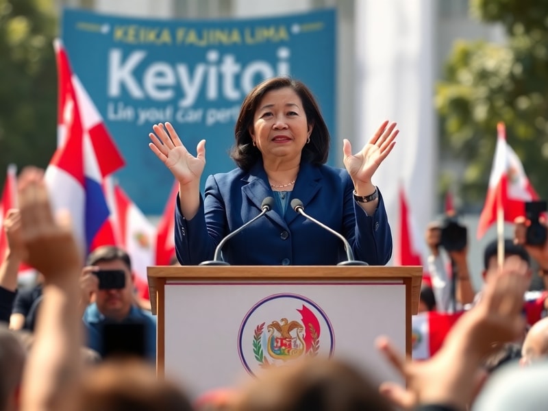 A formal portrait of Keiko Fujimori speaking at a podium, with a blurred background of Peru’s flag and a crowd of supporters,