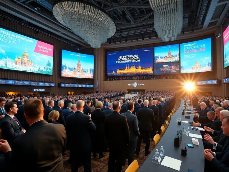 A wide-angle shot of the St. Petersburg International Economic Forum venue, featuring modern conference halls with glass faca