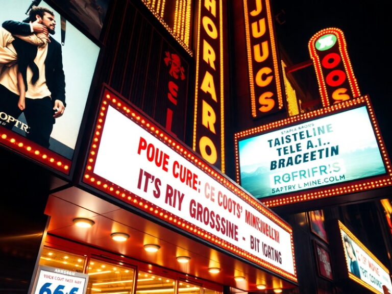 A cinematic scene of a packed movie theater with bright screens displaying box office numbers and film titles. The foreground
