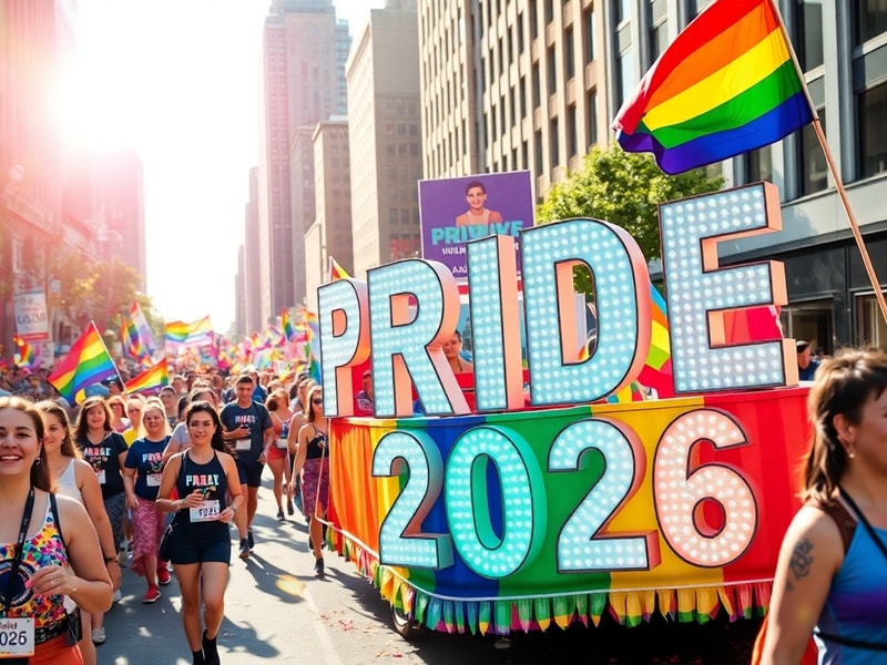 A vibrant crowd marches down a city street under a bright, colorful banner that reads 'Pride Parade 2026: Together in Solidar