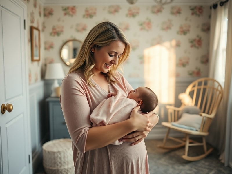 A smiling baby with a soft focus background, wearing a light-colored knitted outfit. The baby has a serene expression, and th