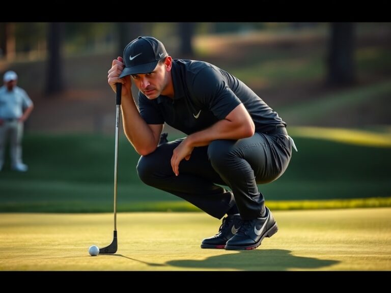 A focused action shot of J.T. Poston mid-swing on a sunlit golf course, wearing a navy blue cap and white shirt, with a crowd