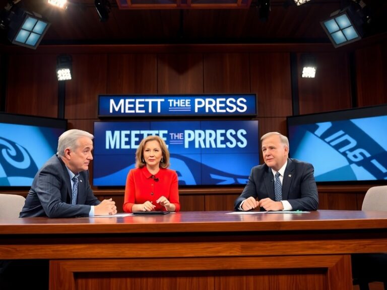 A split-screen image showing the Meet the Press set from the 1950s on one side and the modern-day set on the other, with Chuc