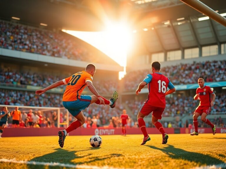 A vibrant stadium filled with diverse fans cheering under floodlights, with players in action on the pitch. The scene capture