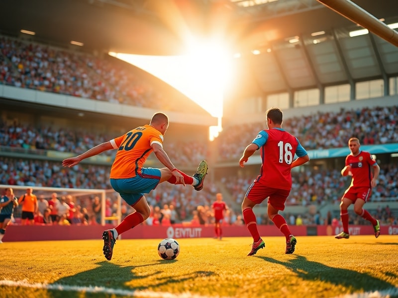 A vibrant stadium filled with diverse fans cheering under floodlights, with players in action on the pitch. The scene capture