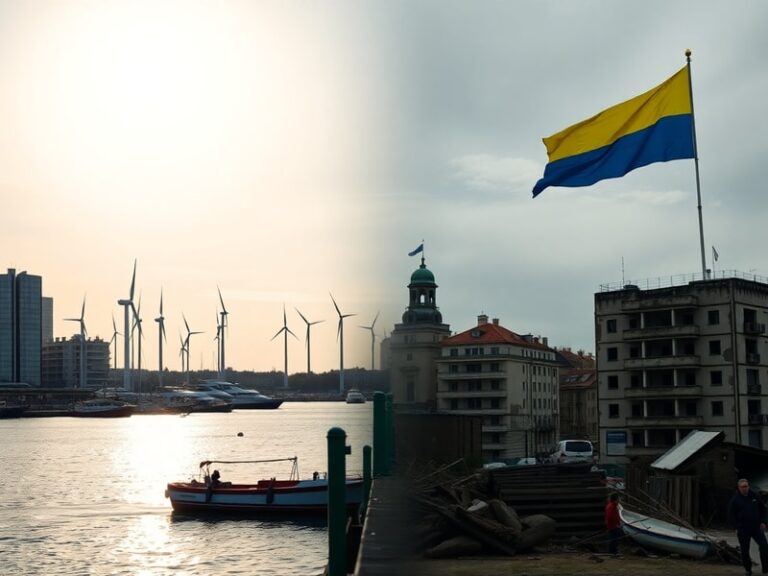 A split-image visual showing Denmark’s modern Copenhagen skyline on one side and Ukraine’s historic Kyiv cityscape with a war