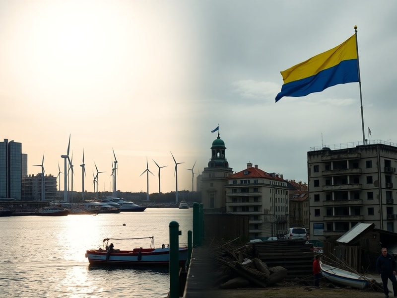 A split-image visual showing Denmark’s modern Copenhagen skyline on one side and Ukraine’s historic Kyiv cityscape with a war