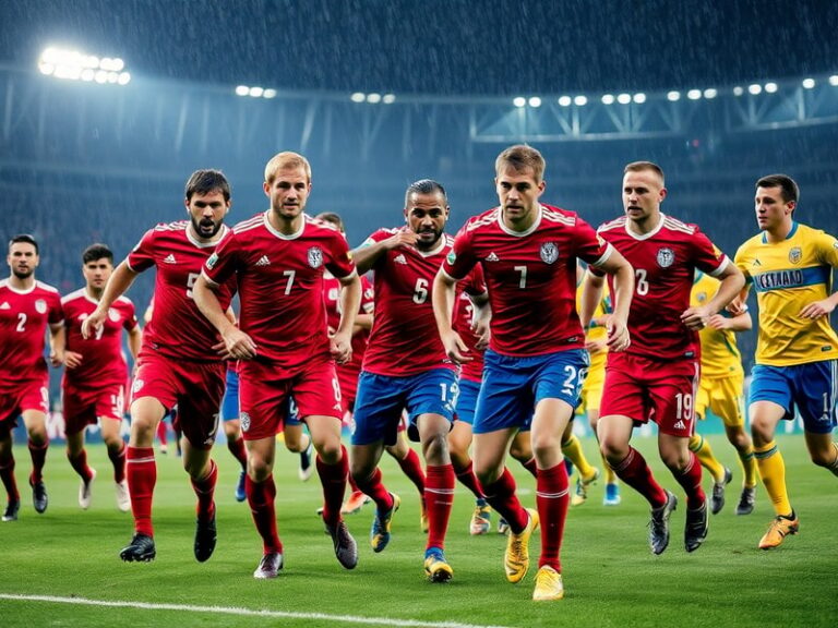 A mid-action shot of Denmark and Ukraine players competing for the ball during a match, with a packed stadium in the backgrou