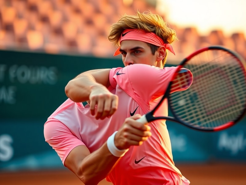 A focused Alexander Zverev mid-match on a blue clay court, wearing a white Nike shirt and black shorts, mid-forehand swing wi