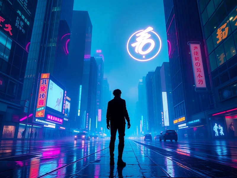 A stylized promotional image featuring the Phantom Thieves from Persona 5, with neon lights and a futuristic cityscape in the
