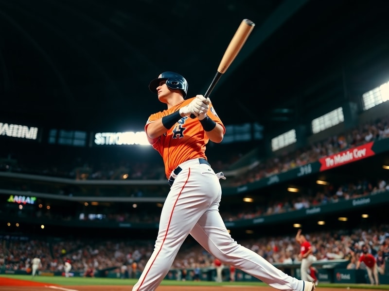 A split-image visual: the left side shows the Astros celebrating their 2017 World Series win with confetti, while the right s
