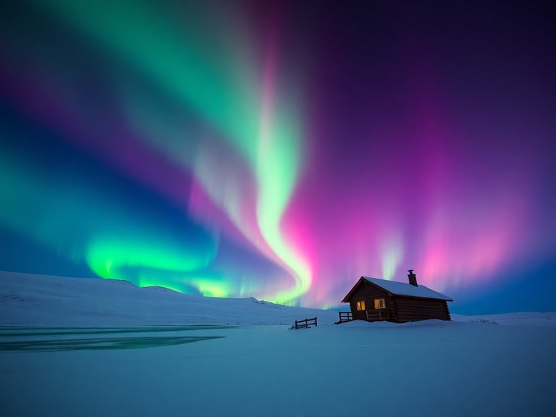 A vibrant aurora borealis display over a snowy landscape with the northern lights painting the sky in shades of green, pink,