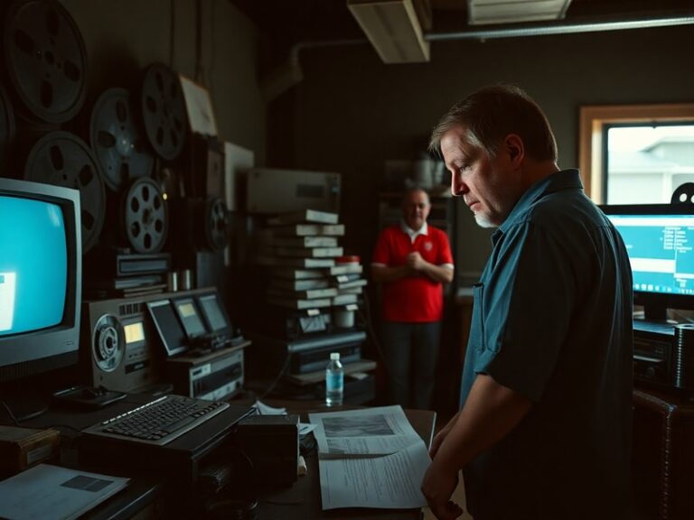 A split-screen image of Gareth Edwards on set: on the left, directing a scene from 'The Creator' with LED walls and actors in