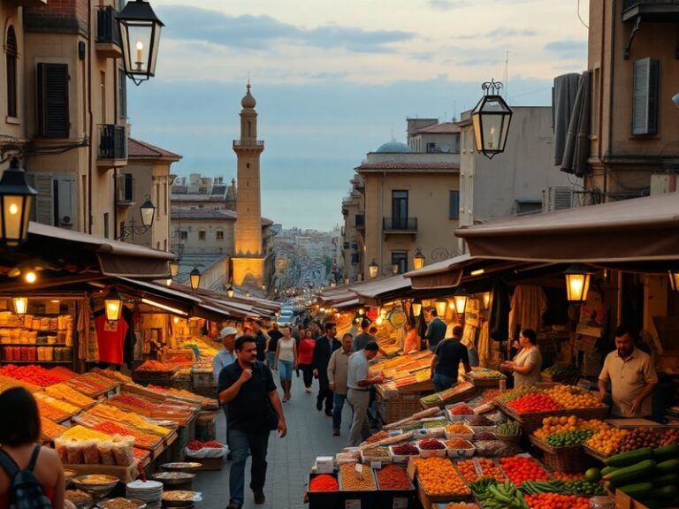 A vibrant daytime scene of Beirut’s downtown area, featuring the Mohammad Al-Amin Mosque, historic Ottoman buildings, and mod
