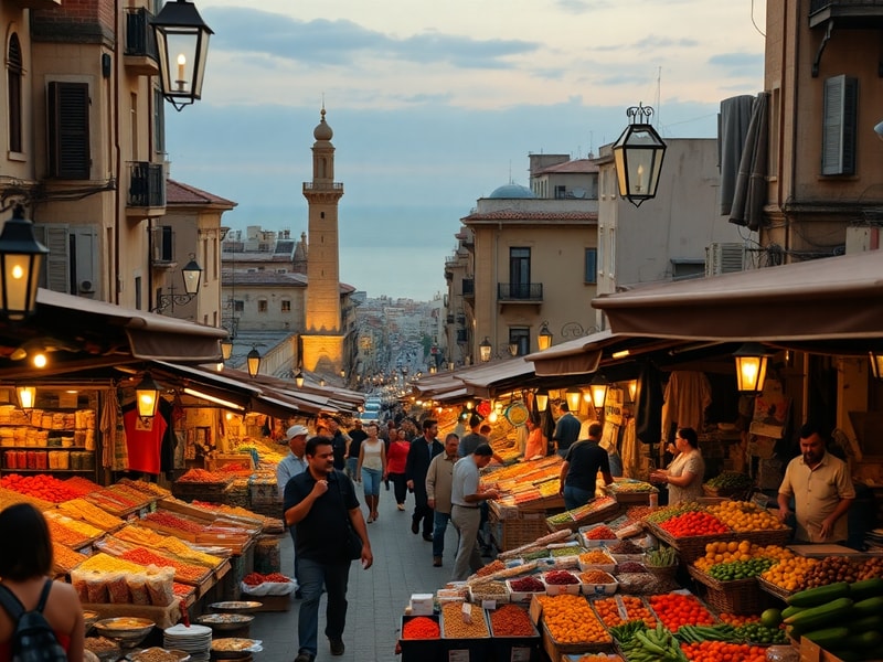 A vibrant daytime scene of Beirut’s downtown area, featuring the Mohammad Al-Amin Mosque, historic Ottoman buildings, and mod
