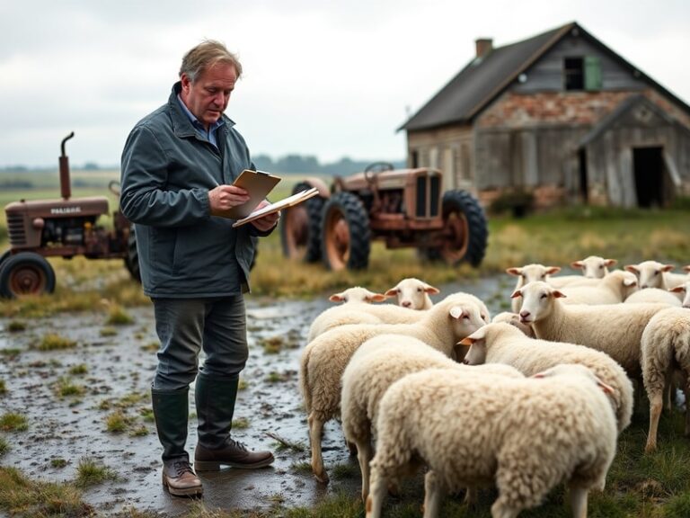 A wide shot of Jeremy Clarkson standing in a muddy farmyard, wearing a wax jacket and wellington boots, surrounded by sheep a