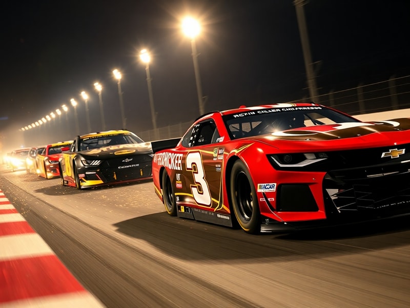 A dynamic action shot of Austin Dillon in a No. 3 Chevrolet at Texas Motor Speedway, captured mid-race with a focused express