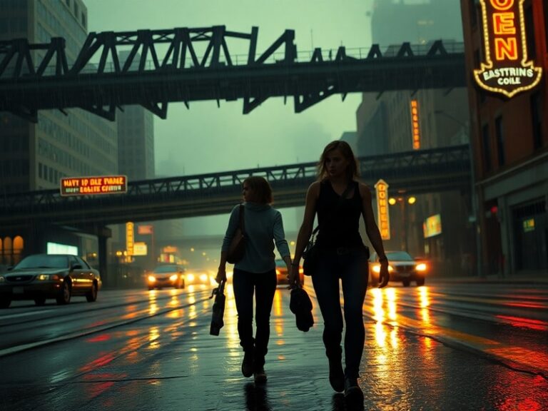 A cinematic shot of Pedro Pascal and Bella Ramsey walking through a misty, overgrown cityscape with fungal growths on buildin