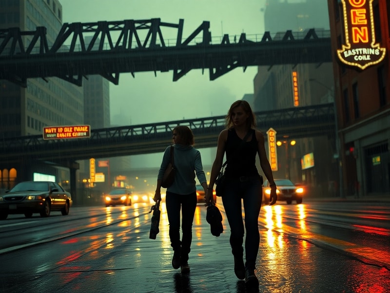 A cinematic shot of Pedro Pascal and Bella Ramsey walking through a misty, overgrown cityscape with fungal growths on buildin