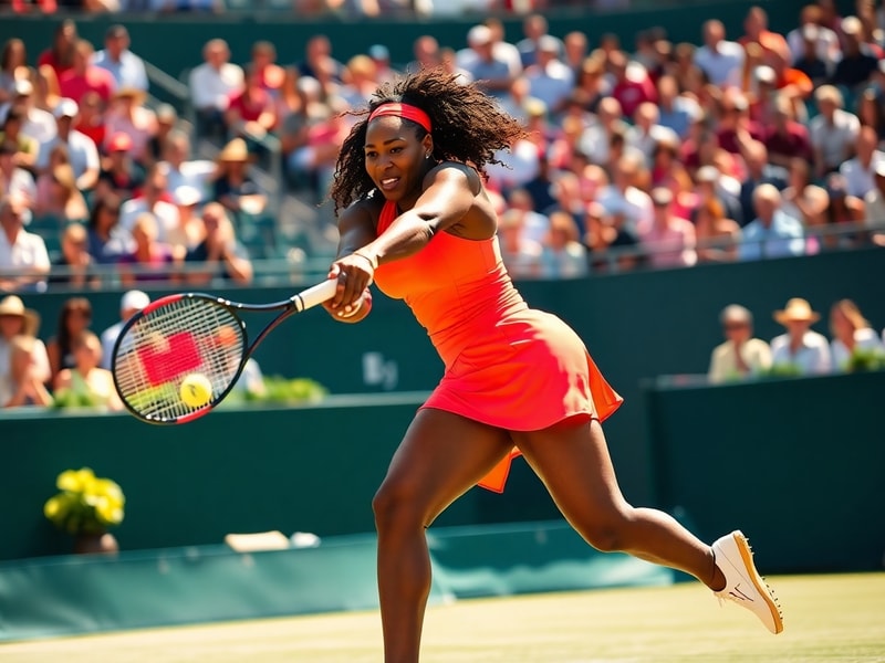 Serena Williams in mid-action on a vibrant blue tennis court, dressed in a sleek black and white athletic outfit, with a dete