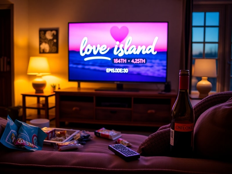 A split-screen image of the Love Island UK villa at sunset, with ITV1 and ITVX logos overlayed on either side, and a smartpho