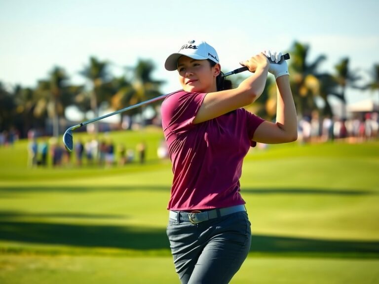 A focused action shot of Gaby López mid-swing on a sunlit golf course, wearing a white cap and teal shirt, with a blurred gre