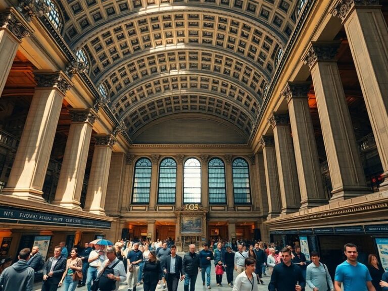 A wide-angle shot of the modern Penn Station’s underground concourse, showing commuters moving through dimly lit corridors wi