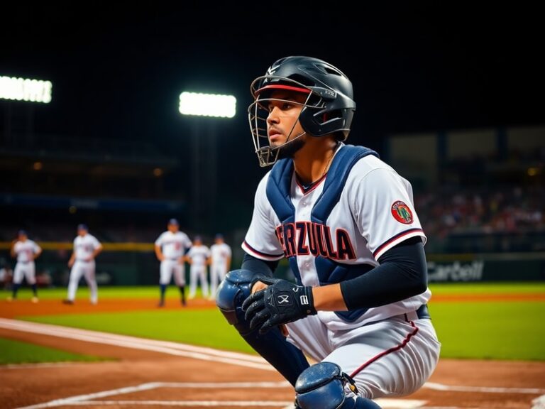 A dynamic action shot of Sebastián Rivero in a Mets uniform, crouched behind home plate during a game. He's focused on the pi