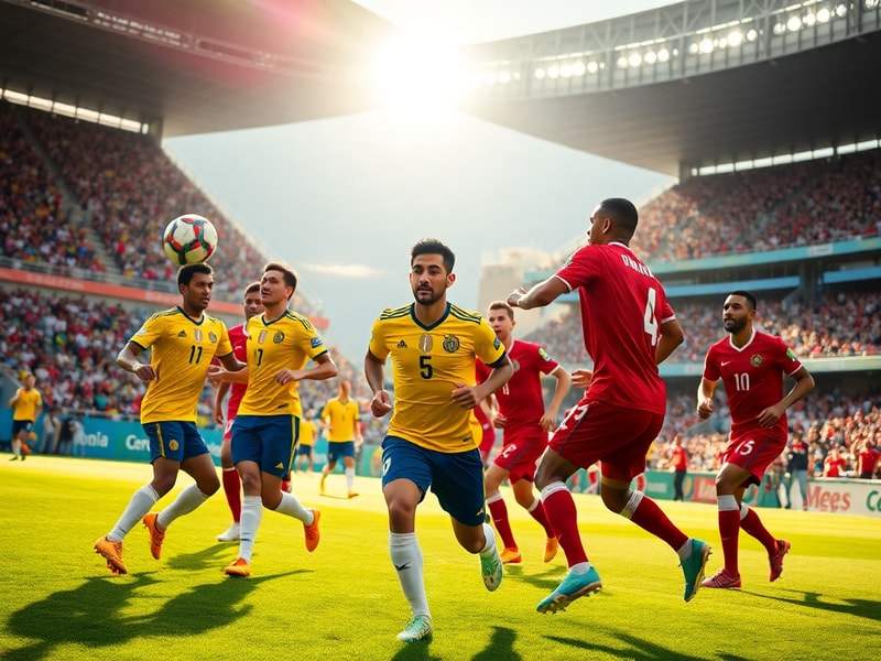 A split-image showing the vibrant Colombian football stadium filled with fans and the ancient Roman amphitheater in Amman, Jo