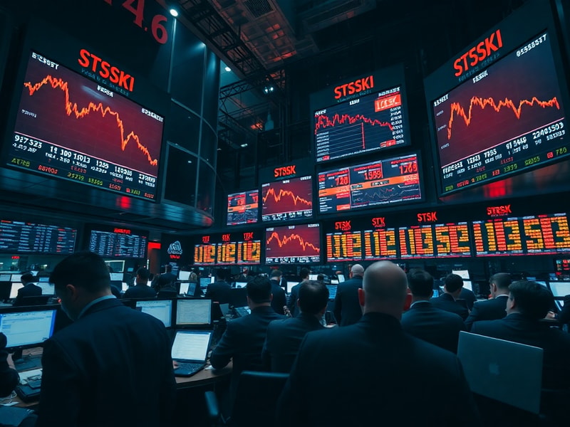 A dynamic stock market trading floor with digital screens displaying red numbers and downward trending graphs. Traders in sui