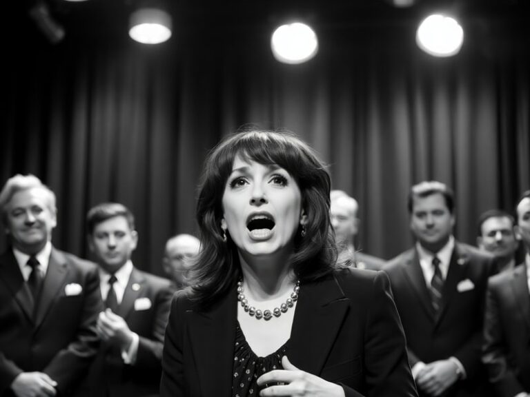 Rachel Dratch in a split image: left side as Debbie Downer in a SNL sketch with a frown, right side in a professional headsho