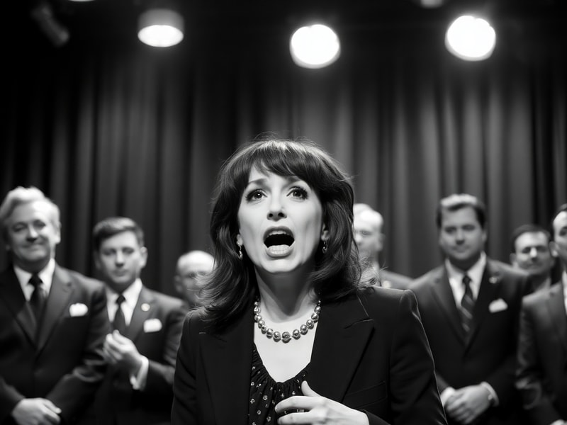 Rachel Dratch in a split image: left side as Debbie Downer in a SNL sketch with a frown, right side in a professional headsho