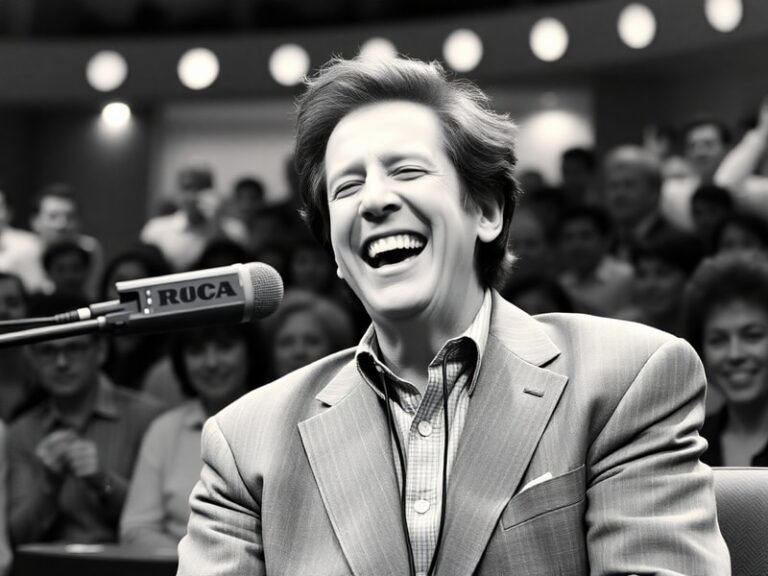 A mid-career portrait of Billy Crystal laughing on stage, wearing a suit and holding a microphone, with a warm, golden stage