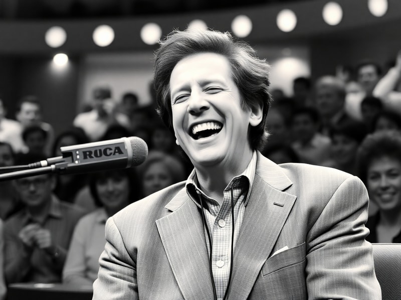 A mid-career portrait of Billy Crystal laughing on stage, wearing a suit and holding a microphone, with a warm, golden stage