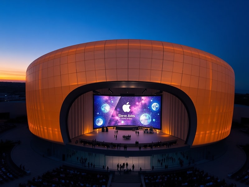 A sleek futuristic auditorium with an illuminated Apple logo on stage, surrounded by developers on laptops and AR headsets fl