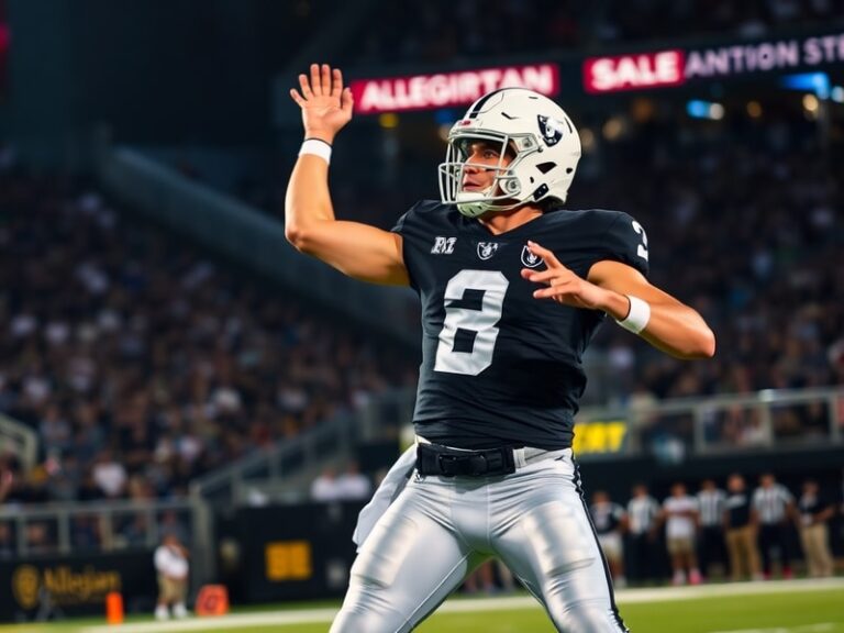 Fernando Mendoza in a Raiders jersey, mid-throw during a preseason game at Allegiant Stadium, with sunlight casting dramatic