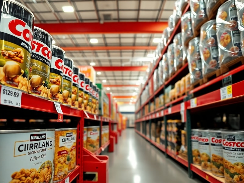 A well-stocked Costco warehouse aisle with Kirkland Signature product displays, including olive oil bottles, almond butter ja