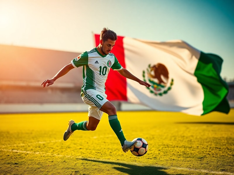 A stylized photo of a person wearing a Mexico jersey in an urban setting, blending soccer culture with streetwear fashion. Th