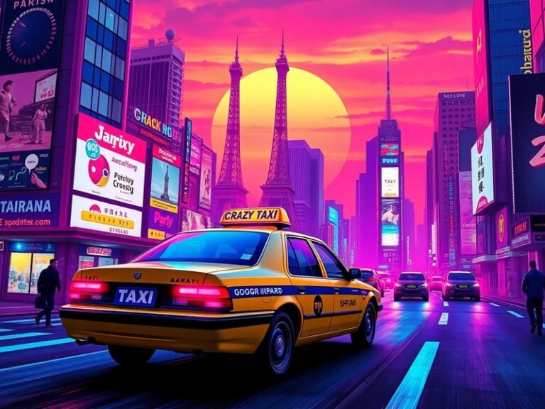 A vibrant arcade-style scene featuring a neon-lit Crazy Taxi with AI-driven traffic and dynamic cityscapes. The mood is high-