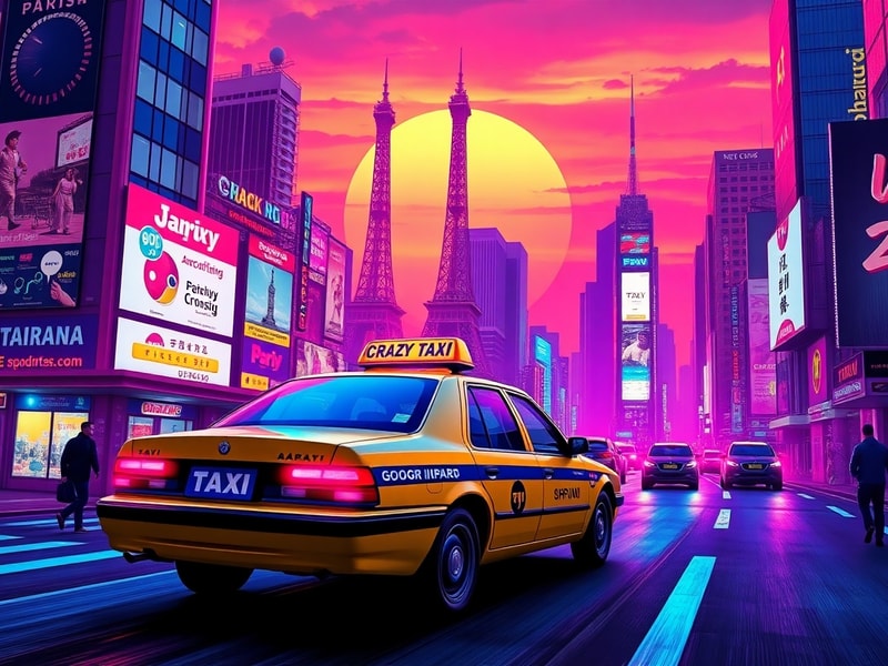 A vibrant arcade-style scene featuring a neon-lit Crazy Taxi with AI-driven traffic and dynamic cityscapes. The mood is high-