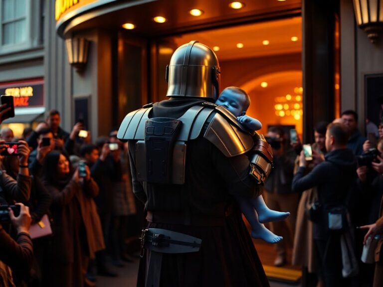 A packed movie theater with the Mandalorian and Grogu on a giant screen, surrounded by cheering fans. The scene captures the