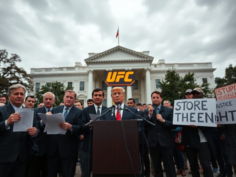 A split-image illustration: on the left, the White House exterior bathed in evening light; on the right, a UFC octagon superi
