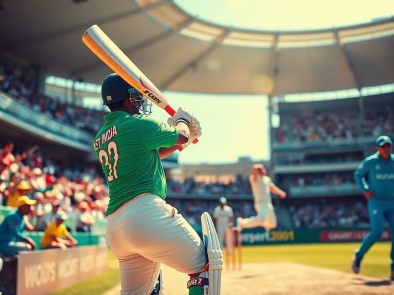 A vibrant cricket stadium packed with fans, featuring players from both teams in action. The scene captures the energy and di