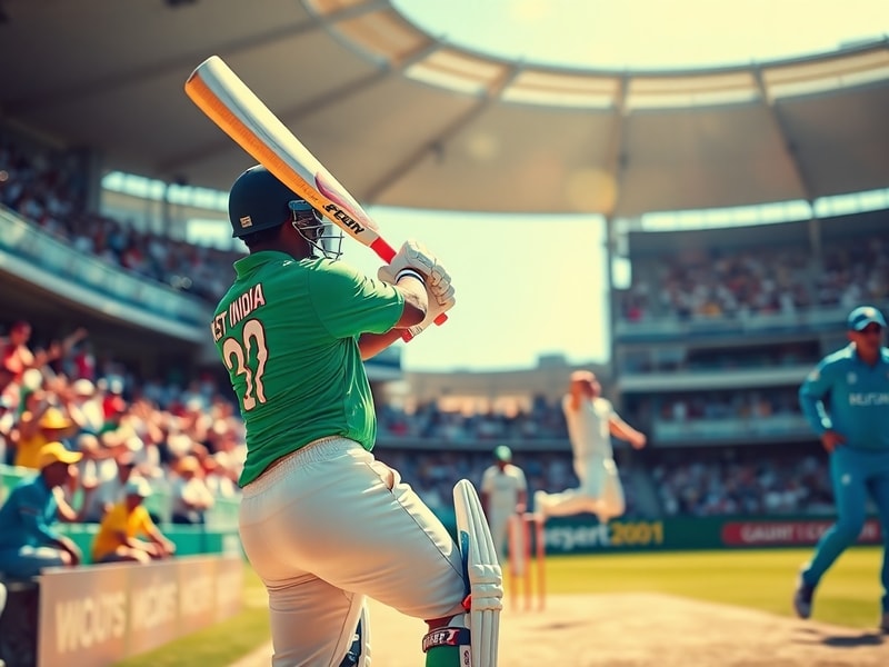 A vibrant cricket stadium packed with fans, featuring players from both teams in action. The scene captures the energy and di