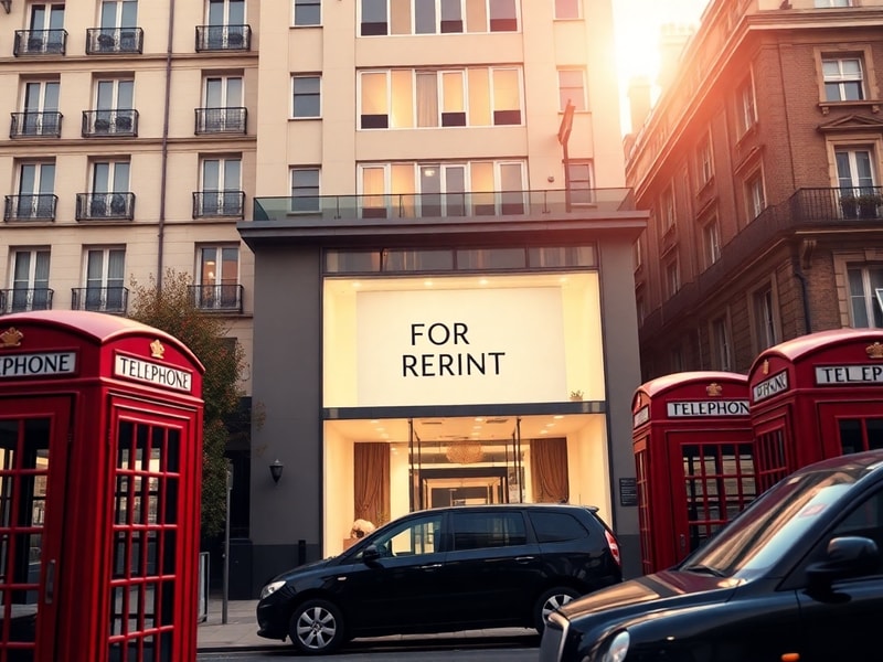 A modern high-end London apartment building with a royal crest subtly visible in the background, bathed in soft evening light