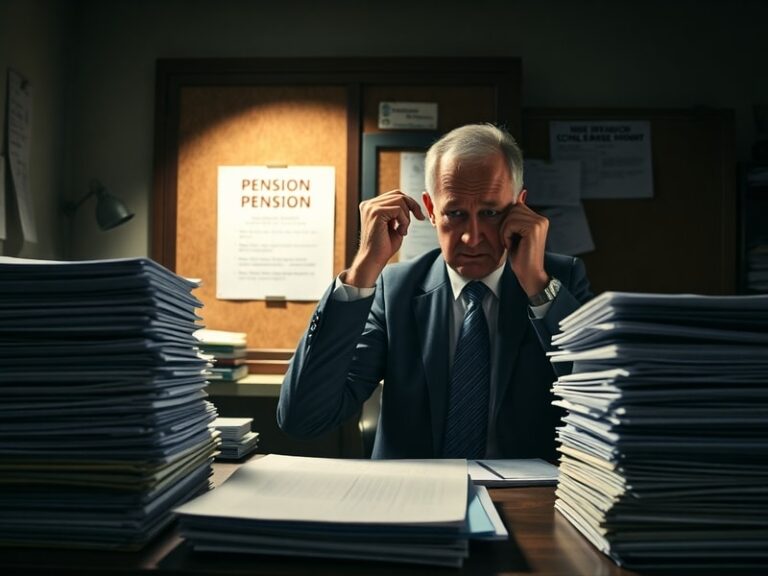 A concerned elderly man in a suit sits at a cluttered desk, reviewing documents with a worried expression. The background sho