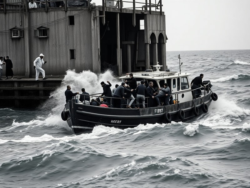 A stormy sea with a large ferry approaching a small island port. Dark clouds loom overhead, passengers wait under umbrellas,