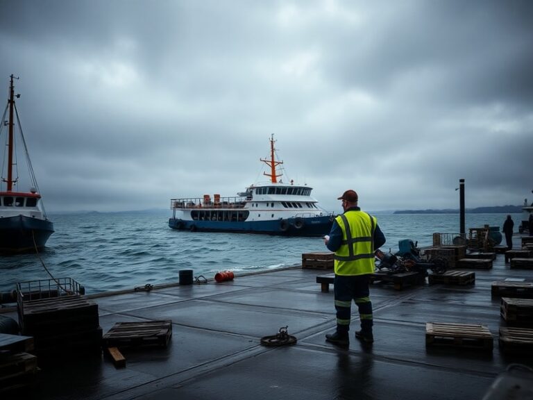 A stormy harbor with an empty ferry slip, gray skies, and distant waves crashing against the dock. In the foreground, a frust