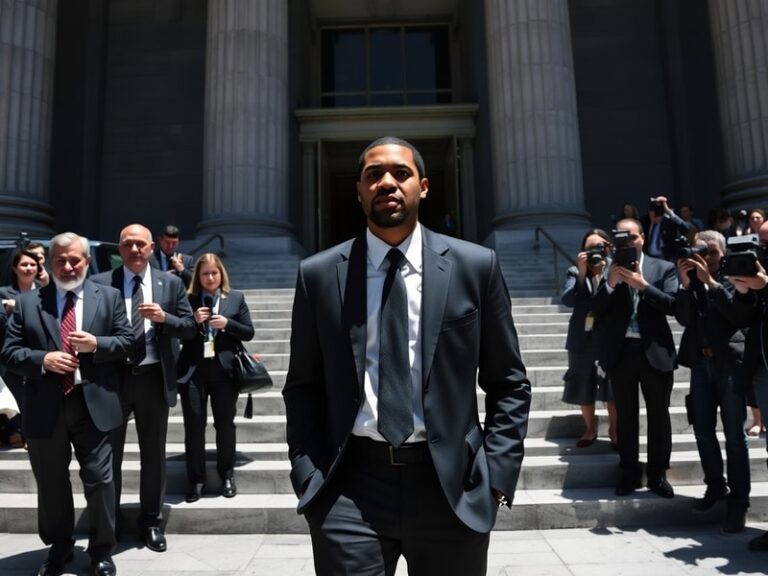 A courtroom sketch-style illustration showing Carmelo Anthony seated at a defense table with his legal team, a judge in the b