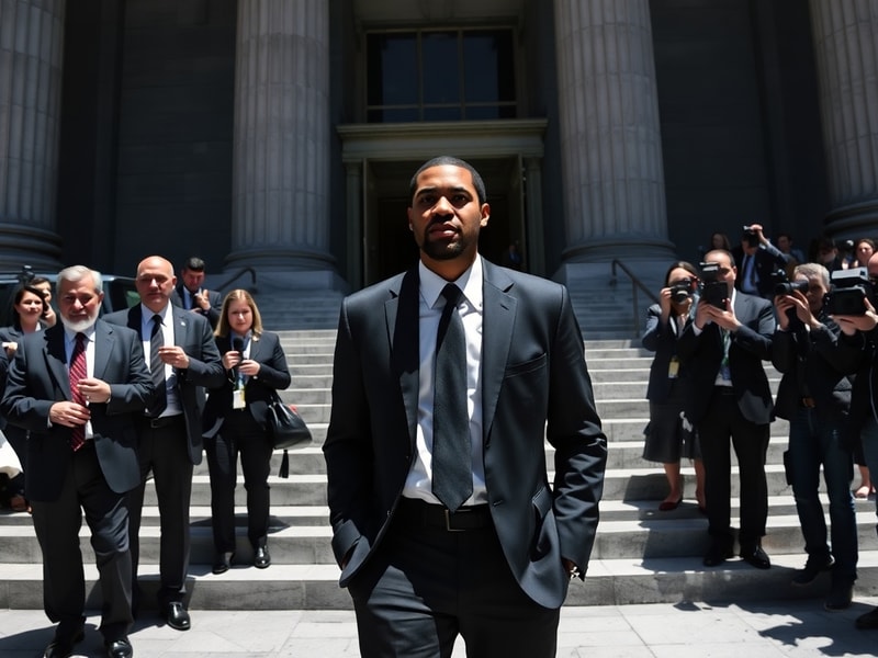 A courtroom sketch-style illustration showing Carmelo Anthony seated at a defense table with his legal team, a judge in the b